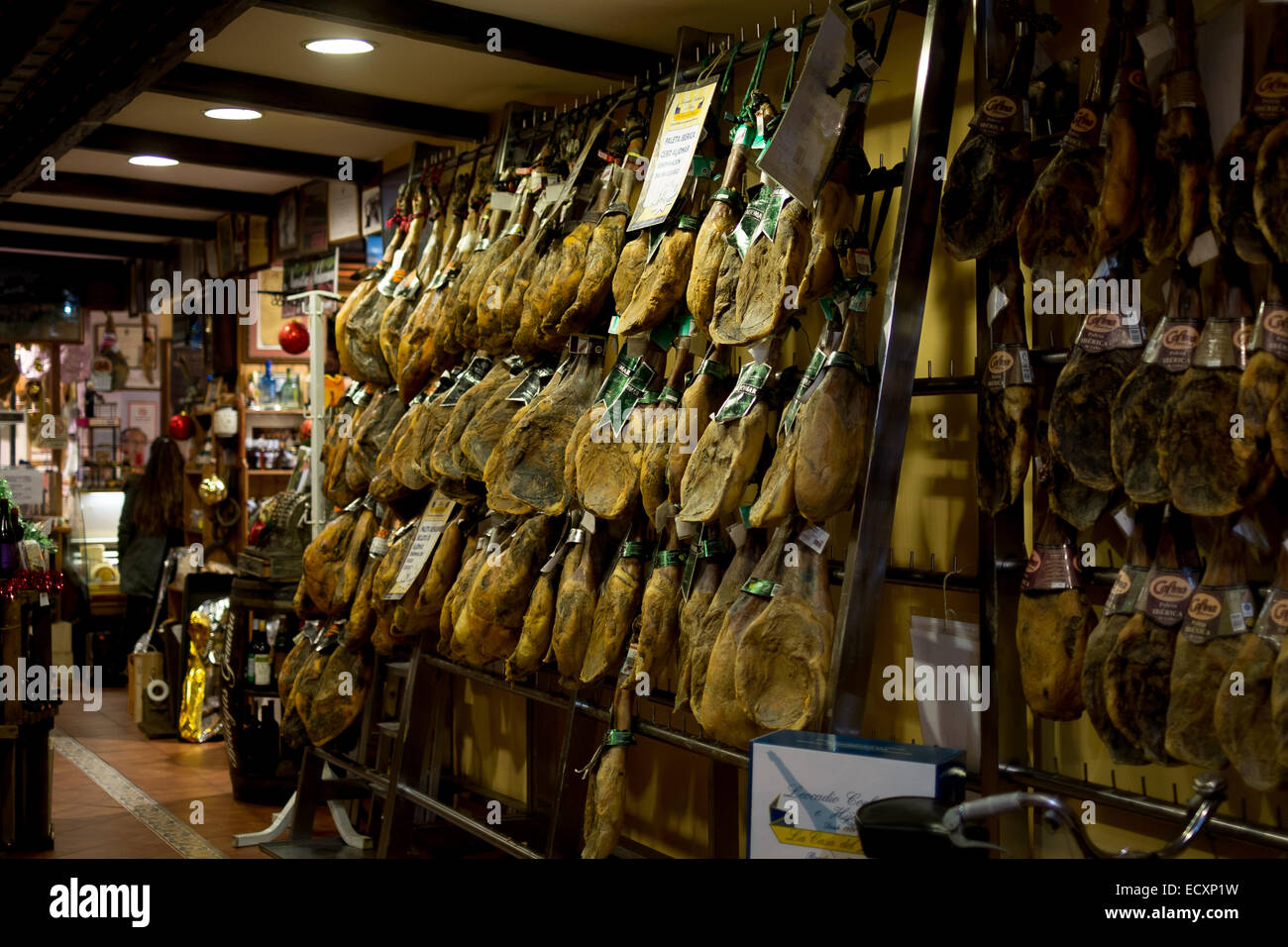 A shop in Ronda, Spain selling dry cured ham Stock Photo