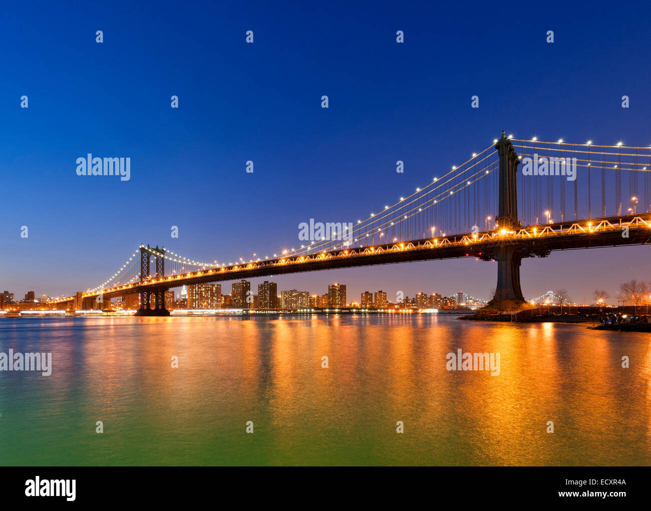 Manhattan Bridge East River Dusk Stock Photo