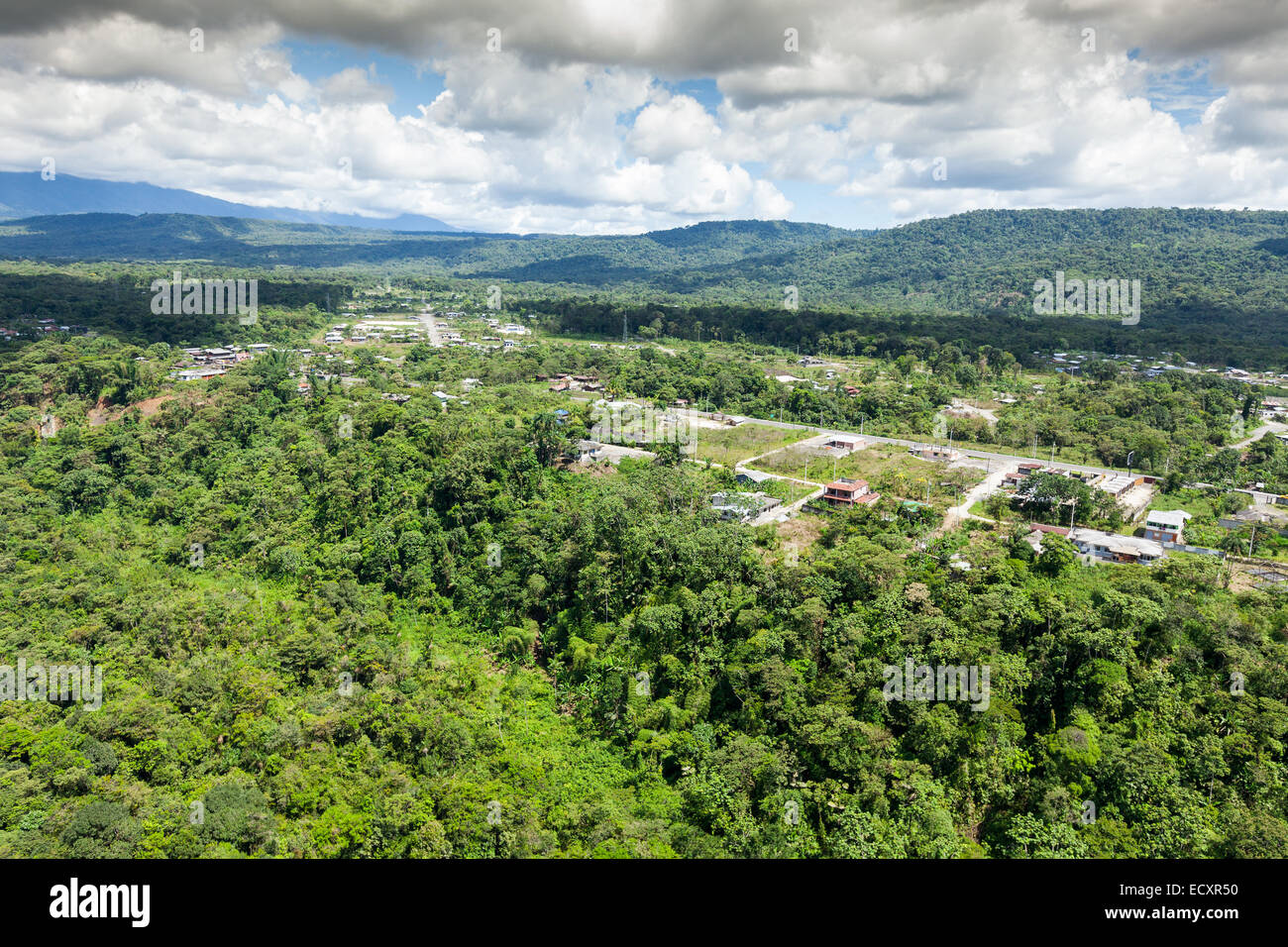Aerial Shot Of Mera Town Pastaza Province Ecuador Helicopter Shot Stock Photo