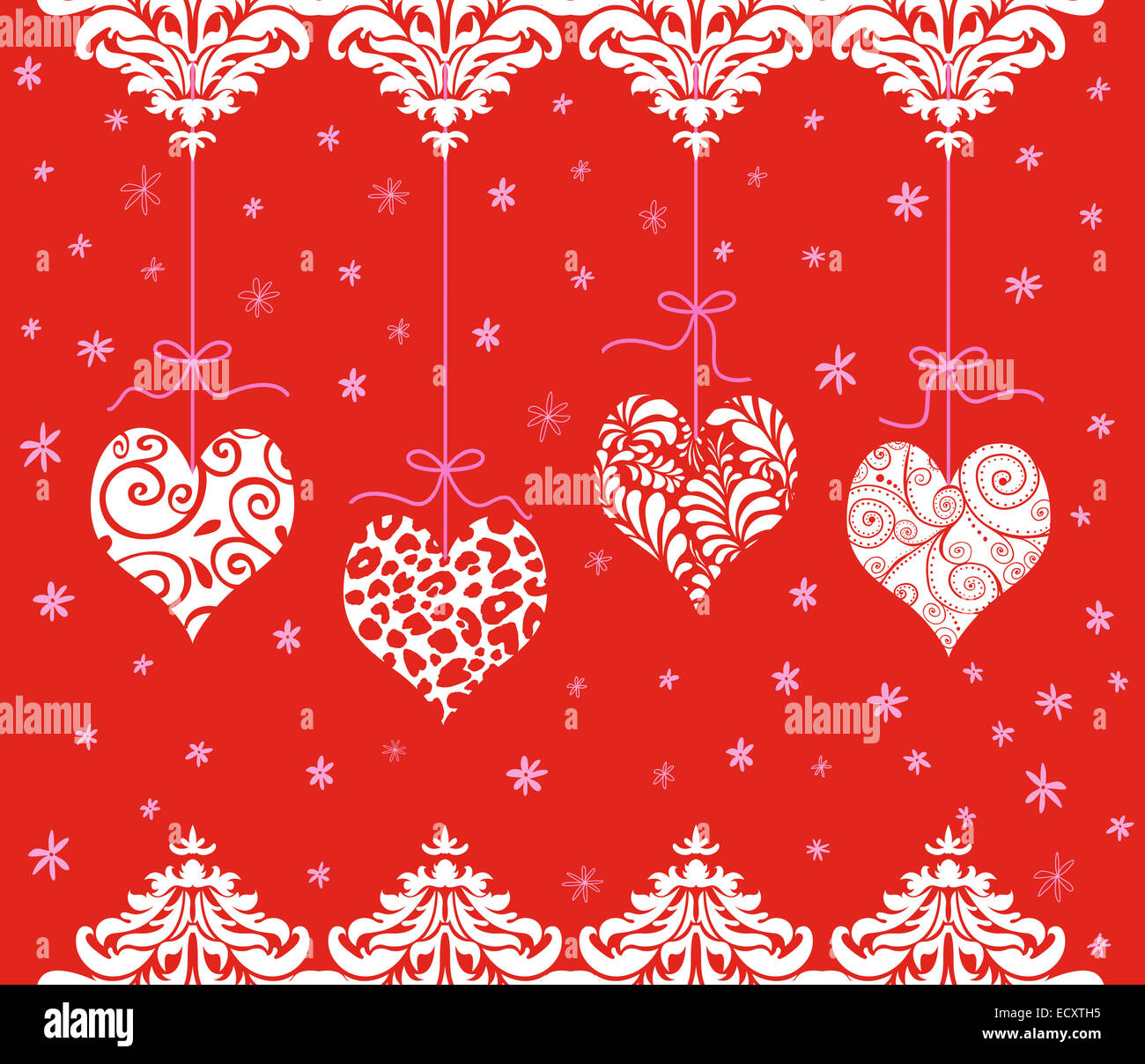 Four cute red Valentines hanging from pink ribbons Stock Photo