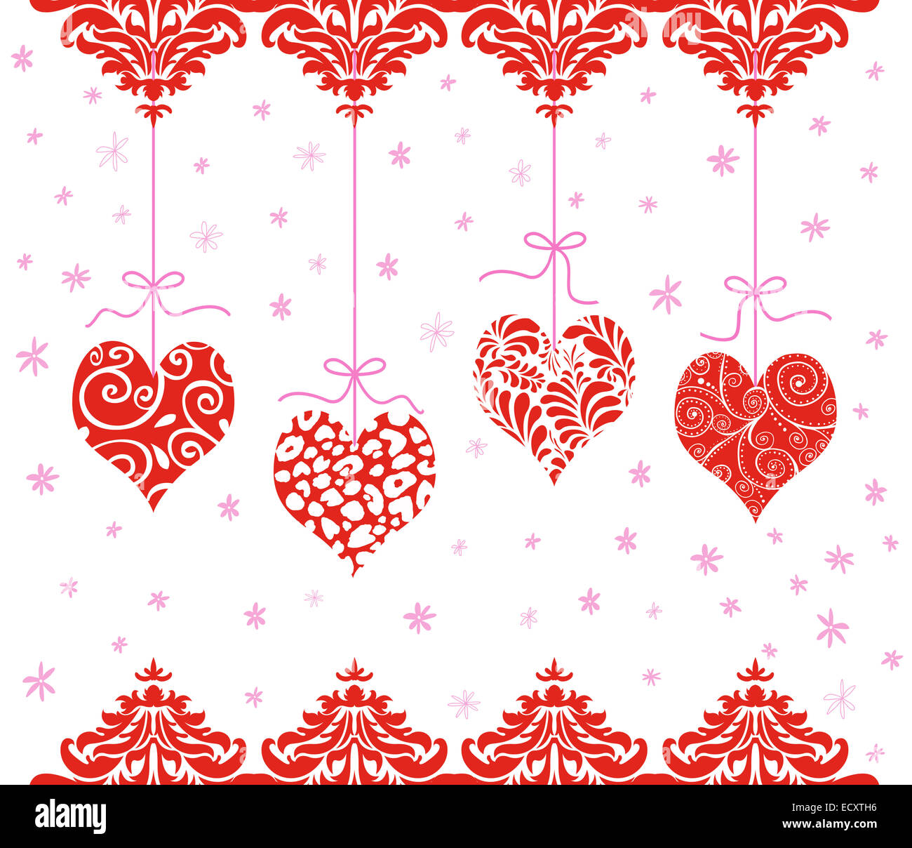 Four cute red Valentines hanging from pink ribbons Stock Photo