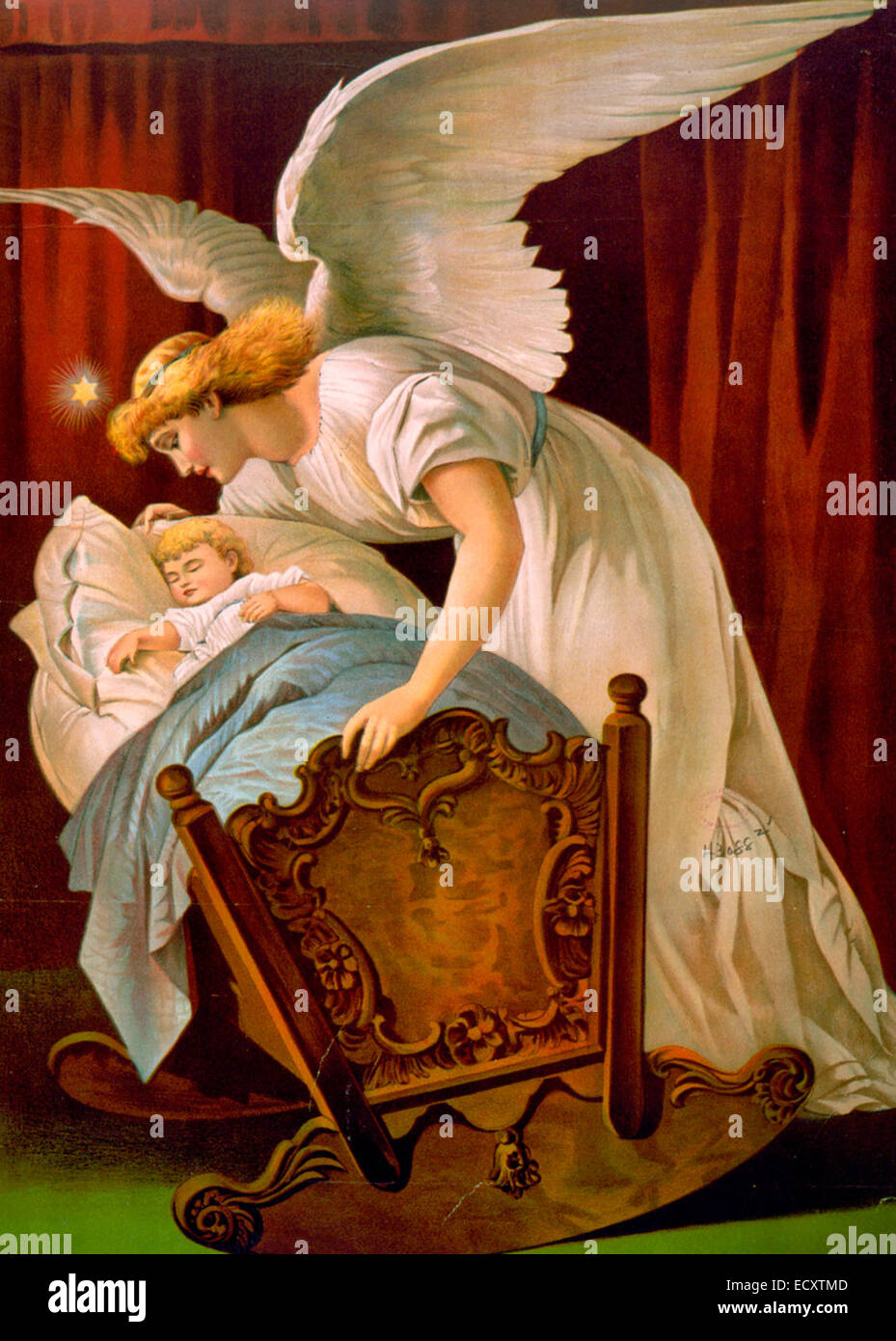 The angel's whisper -  Angel watching over baby sleeping in cradle, circa 1894 Stock Photo