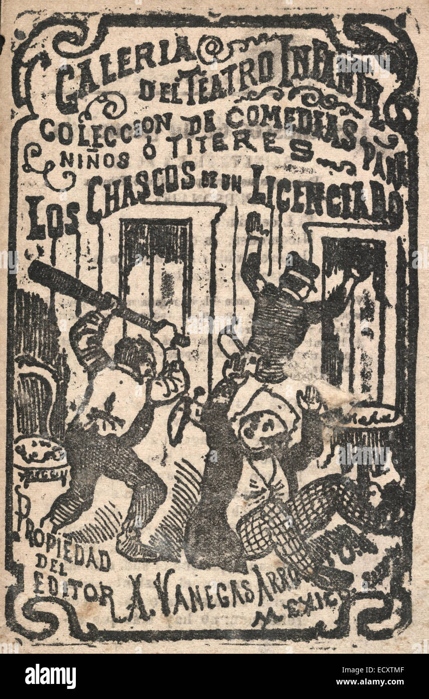 Los chascos de un licenciado - Chapbook cover shows scene from a play: a room in which one man is chasing another with a club and a third man is on the floor with arms raised. The script tells of the misunderstandings between a lawyer and his butler because of a voice emanating from a closet. 1918 Stock Photo