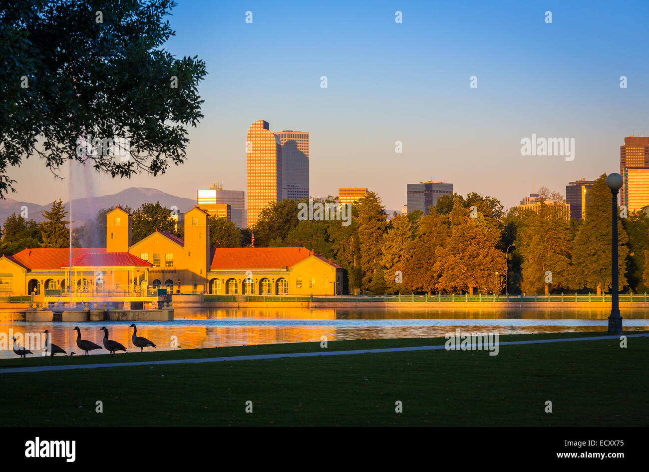 Denver is the largest city and capital of the State of Colorado. It seen here from City Park. Stock Photo
