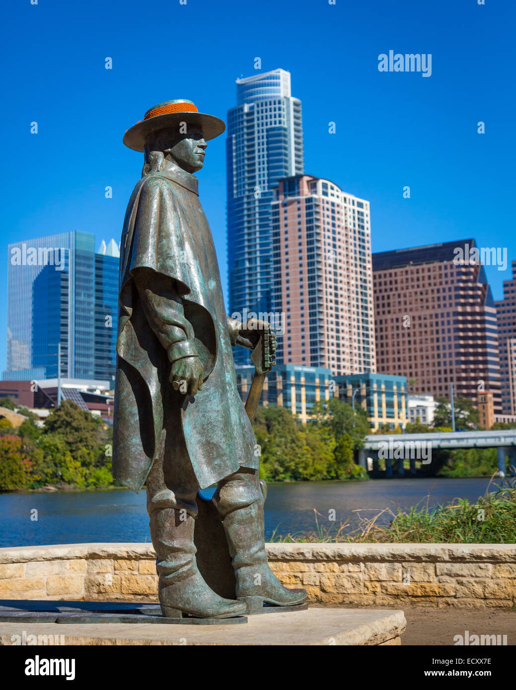 Stevie Ray Vaughan Memorial is a bronze sculpture of Stevie Ray Vaughan by Ralph Helmick, located in Austin, Texas Stock Photo