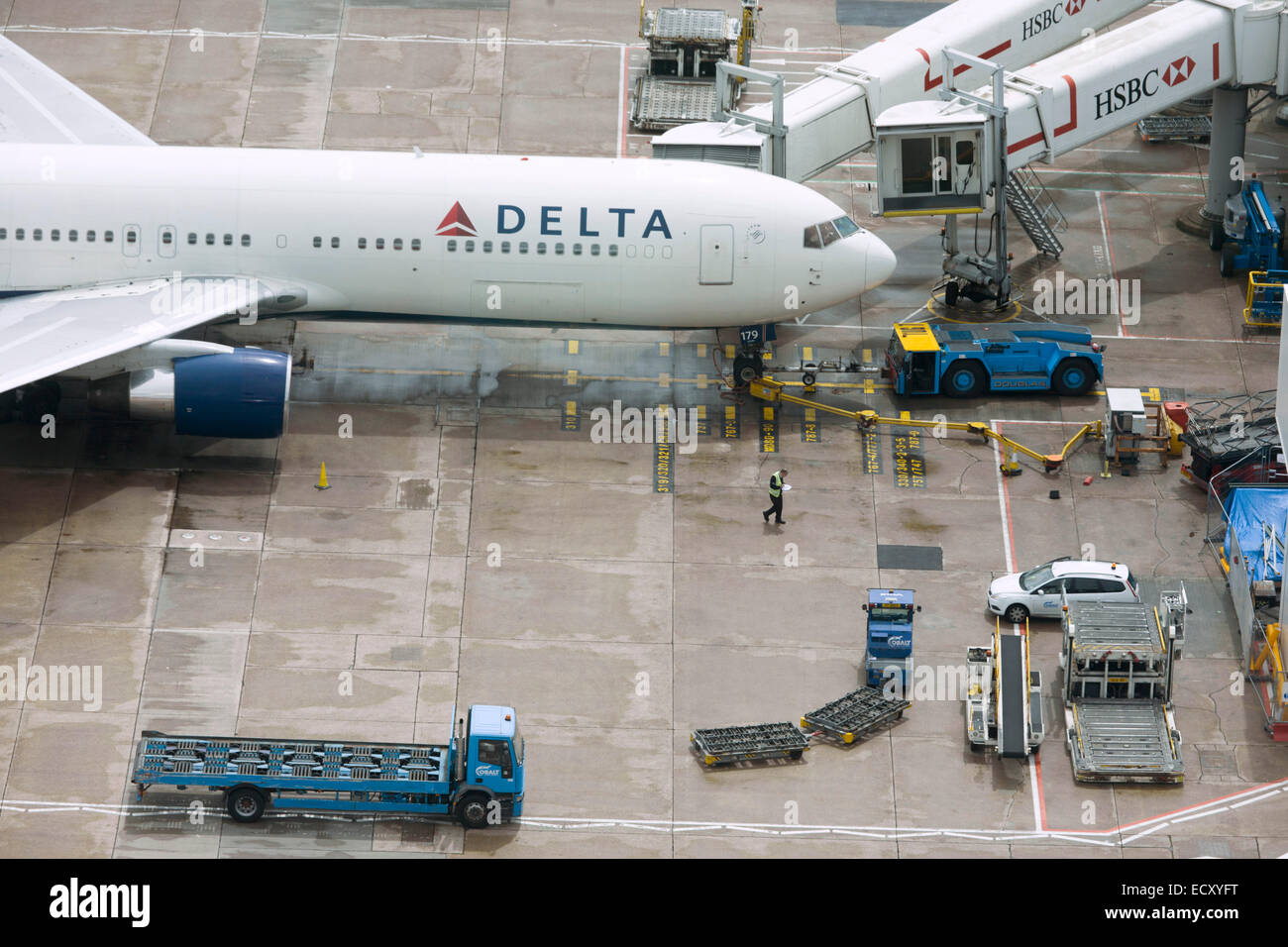 Aerial view (from control tower) of Canadian airliner at London Heathrow airport. Stock Photo
