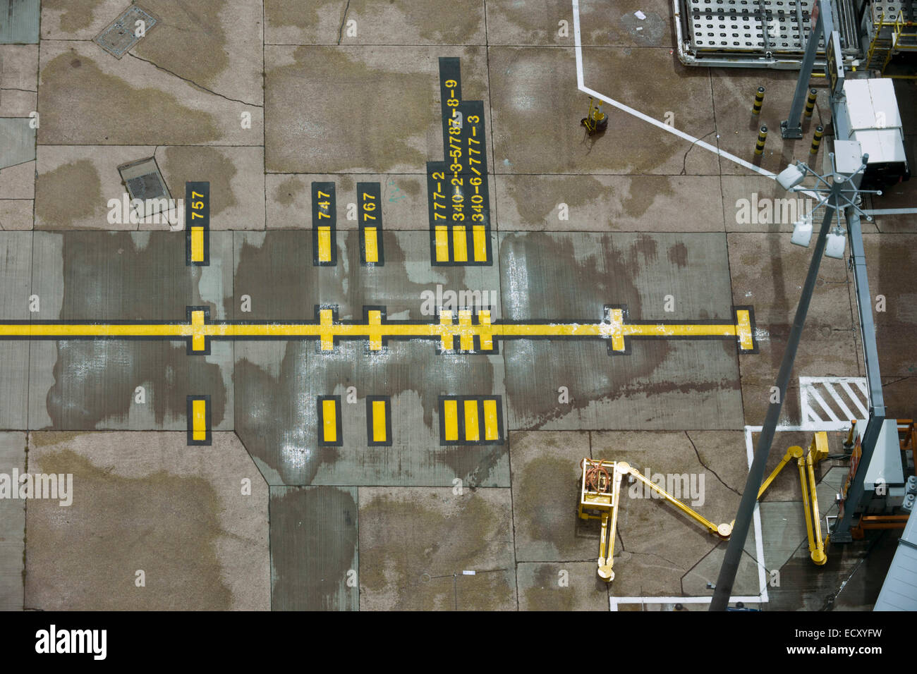 High aerial view (from control tower) of Heathrow airport aviation markings on concrete landscape. Stock Photo