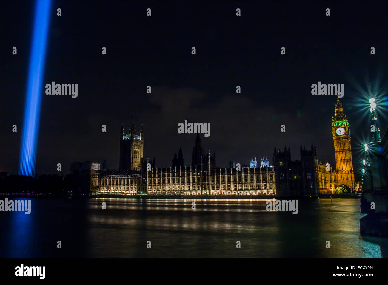 At 10pm on August 4th 2014 London remembered the centenary of World War 1, shot in colour with the Houses of Parliament. Stock Photo