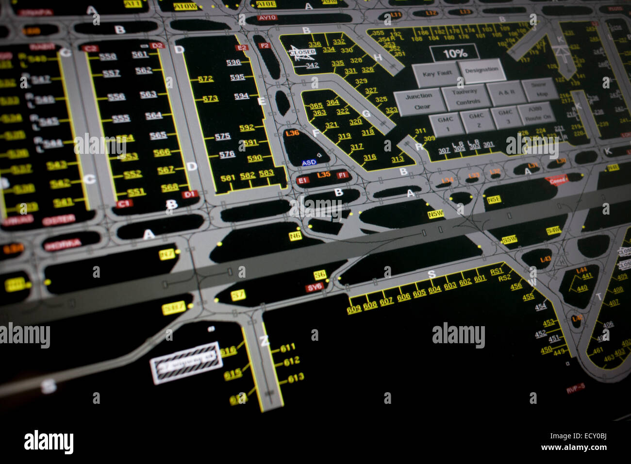 Detail of NATS air traffic controllers' screen plan of ground operations, in control tower at Heathrow airport, London. Stock Photo