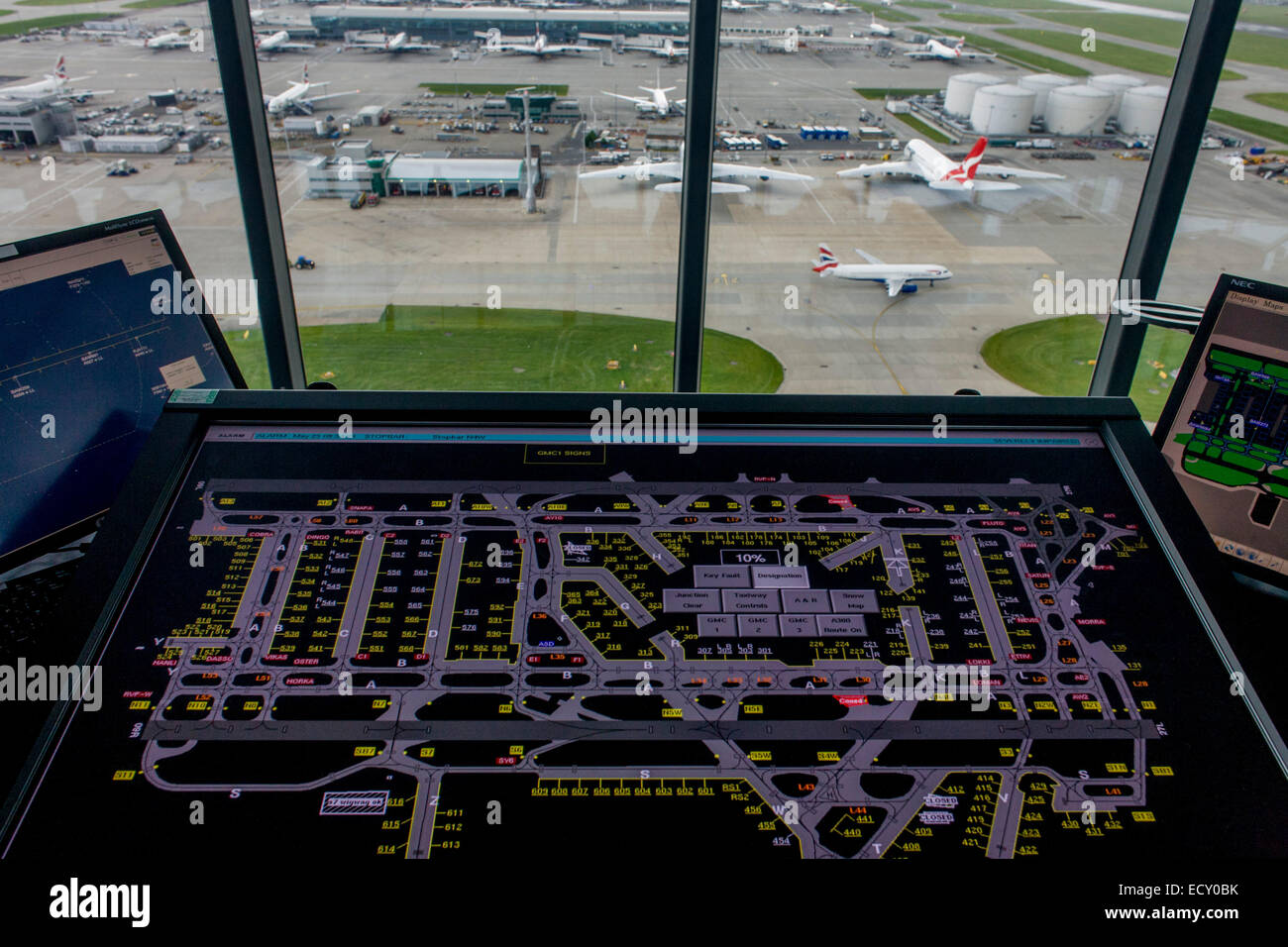 Detail of NATS air traffic controllers' screen plan of ground operations, in control tower at Heathrow airport, London. Stock Photo