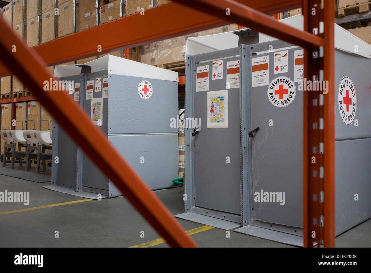 Latrines in emergency supplies warehouse, Deutsches Rotes Kreuz (DRK - German Red Cross) at their logistics centre Stock Photo