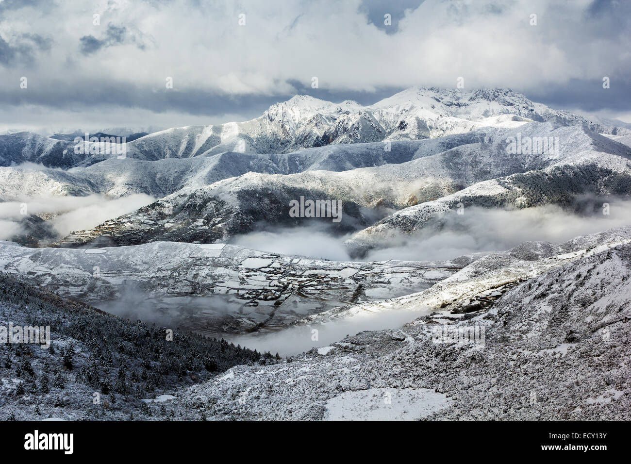 mountain ridge snow landscape on sideway at Huanglong, China. Stock Photo