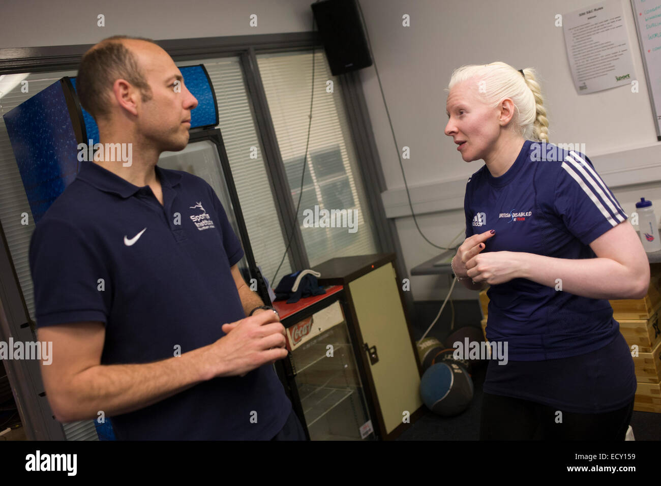 Partially-sighted skiing paralympian from the Sochi Olympics, Kelly Gallagher trains in the gym, Belfast. Stock Photo