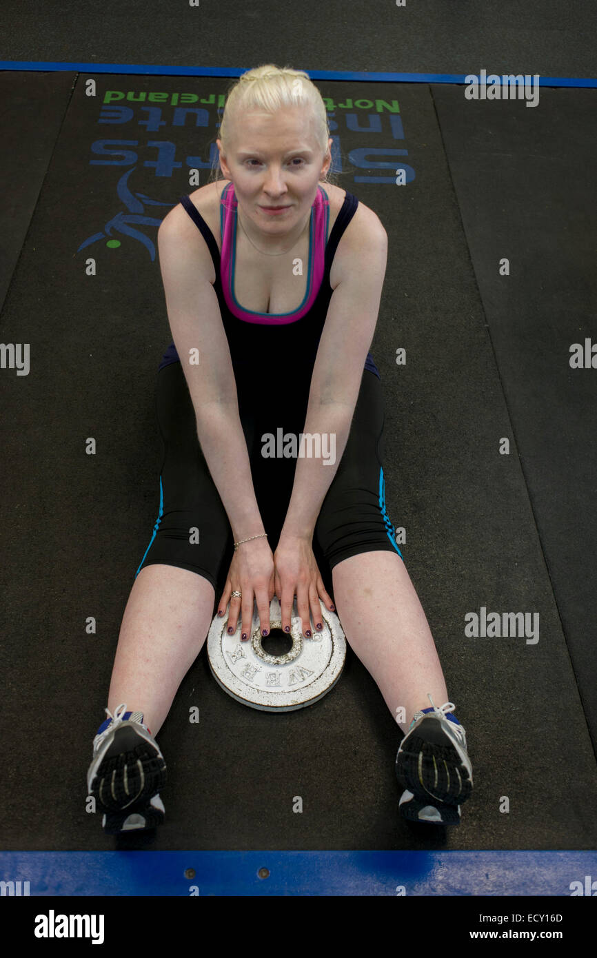 Partially-sighted skiing paralympian from the Sochi Olympics, Kelly Gallagher trains in the gym, Belfast. Stock Photo