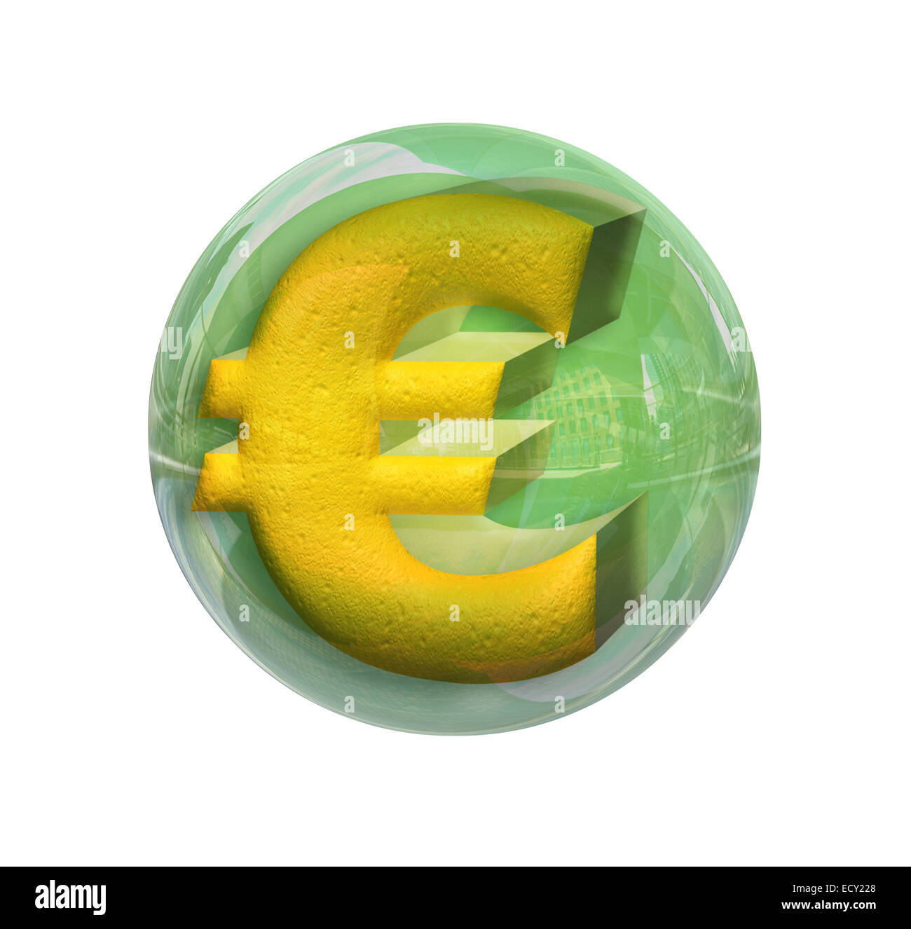Gold colored euro symbol in 3D in a chrome sphere green with relief Stock Photo