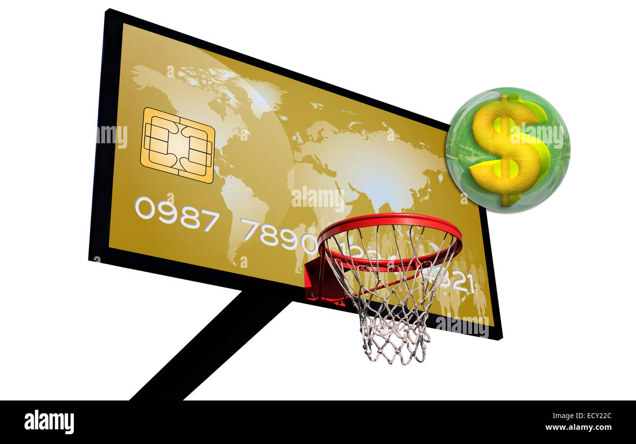 credit card on a basketball with a dollar sign in a green 3d chrome sphere Stock Photo