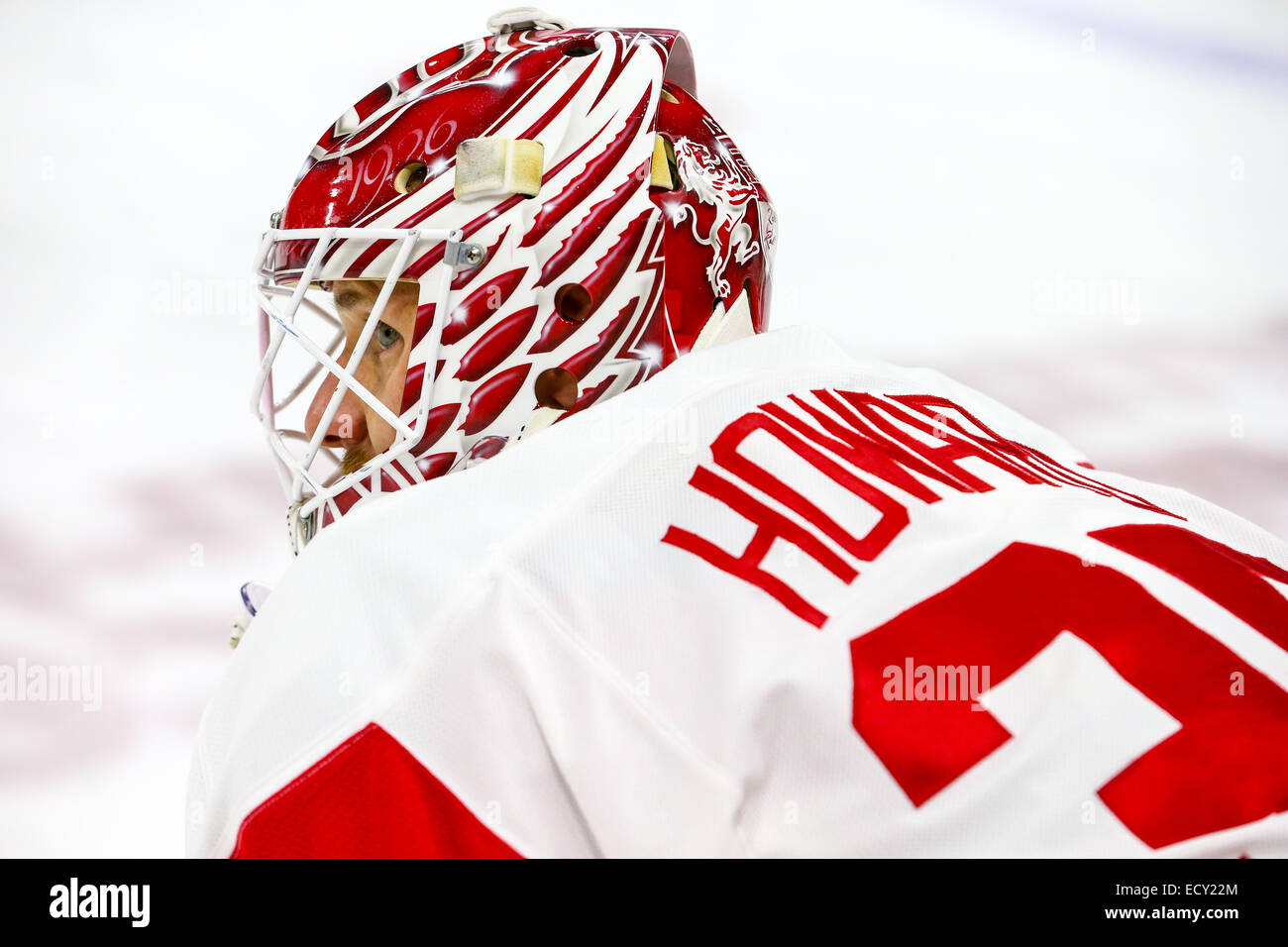 Detroit Red Wings goalie Jimmy Howard (35) during the NHL game between the Detroit Red Wings and the Carolina Hurricanes at the PNC Arena. The Detroit Red Wings defeated the Carolina Hurricanes 3-1. Stock Photo