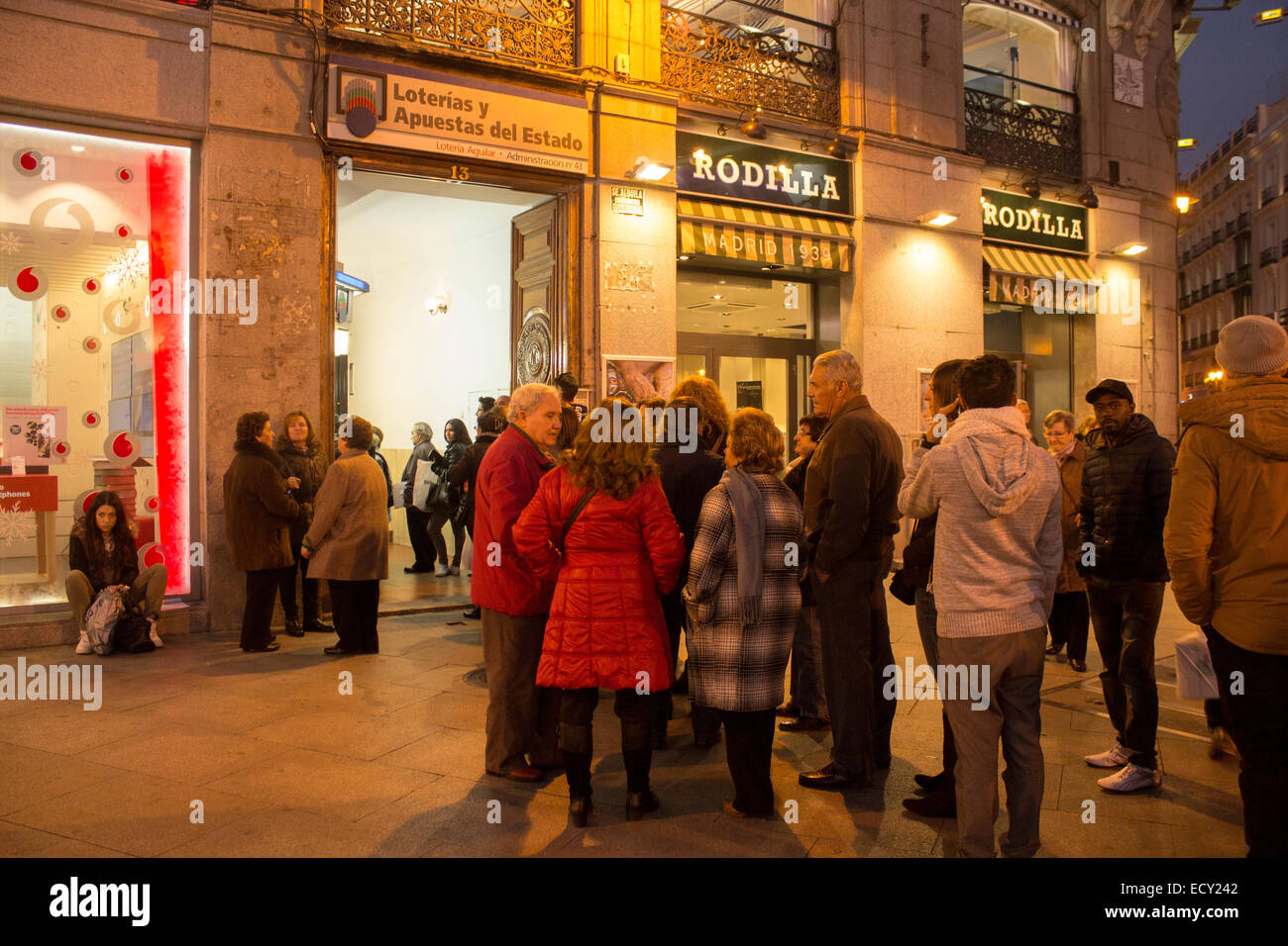 People waiting in line to buy lottery ticket, El Gordo Stock Photo