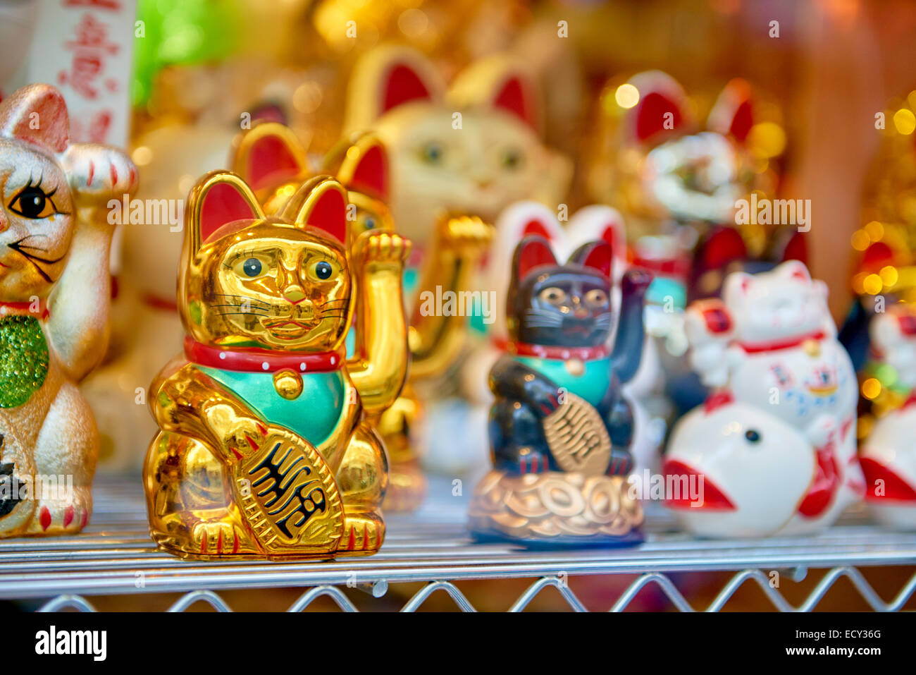 Several traditional Japanese waving cats, with a golden one in focus and the others in the