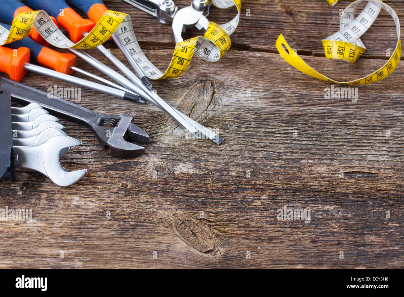 tools kit frame on wooden planks Stock Photo - Alamy