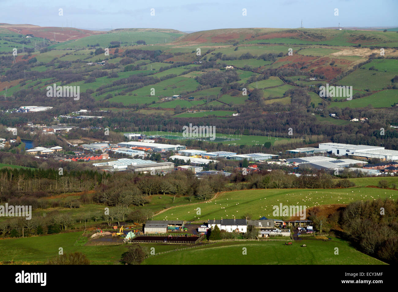 Trefforest Industrial Estate from the Garth Mountain, Taffs Well, South Wales Valleys, Wales, UK. Stock Photo
