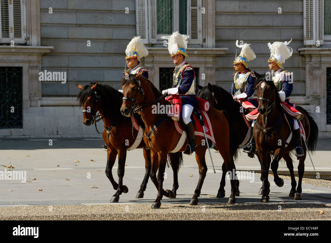 Royal Guards on horseback in front of the Royal Palace, Madrid, Spain Stock Photo