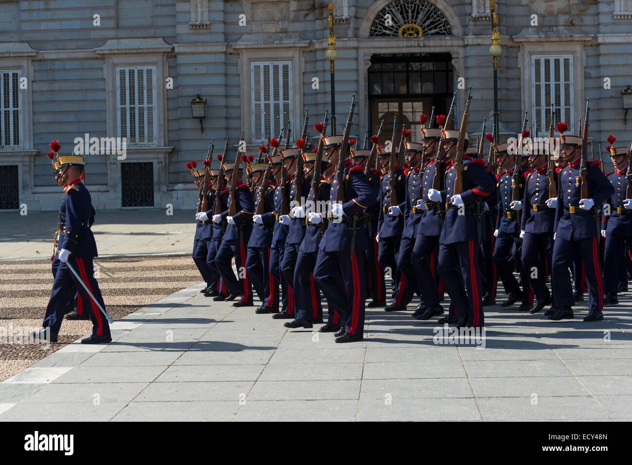 Royal Guard in front of the Royal Palace, Madrid, Spain Stock Photo