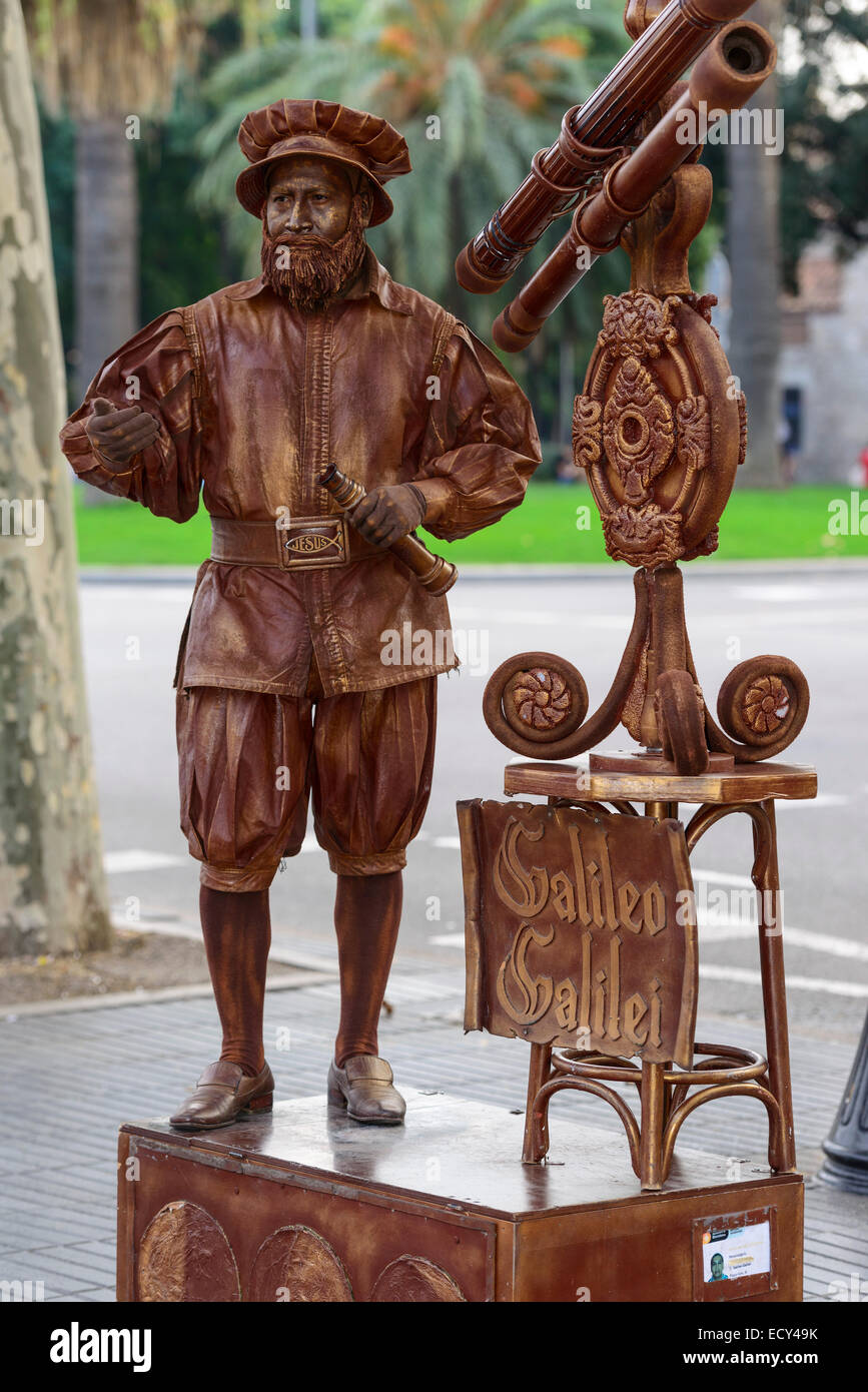 Mime, living statue, street artist, depicting Galileo Galilei, La Rambla, Barcelona, Catalonia, Spain Stock Photo