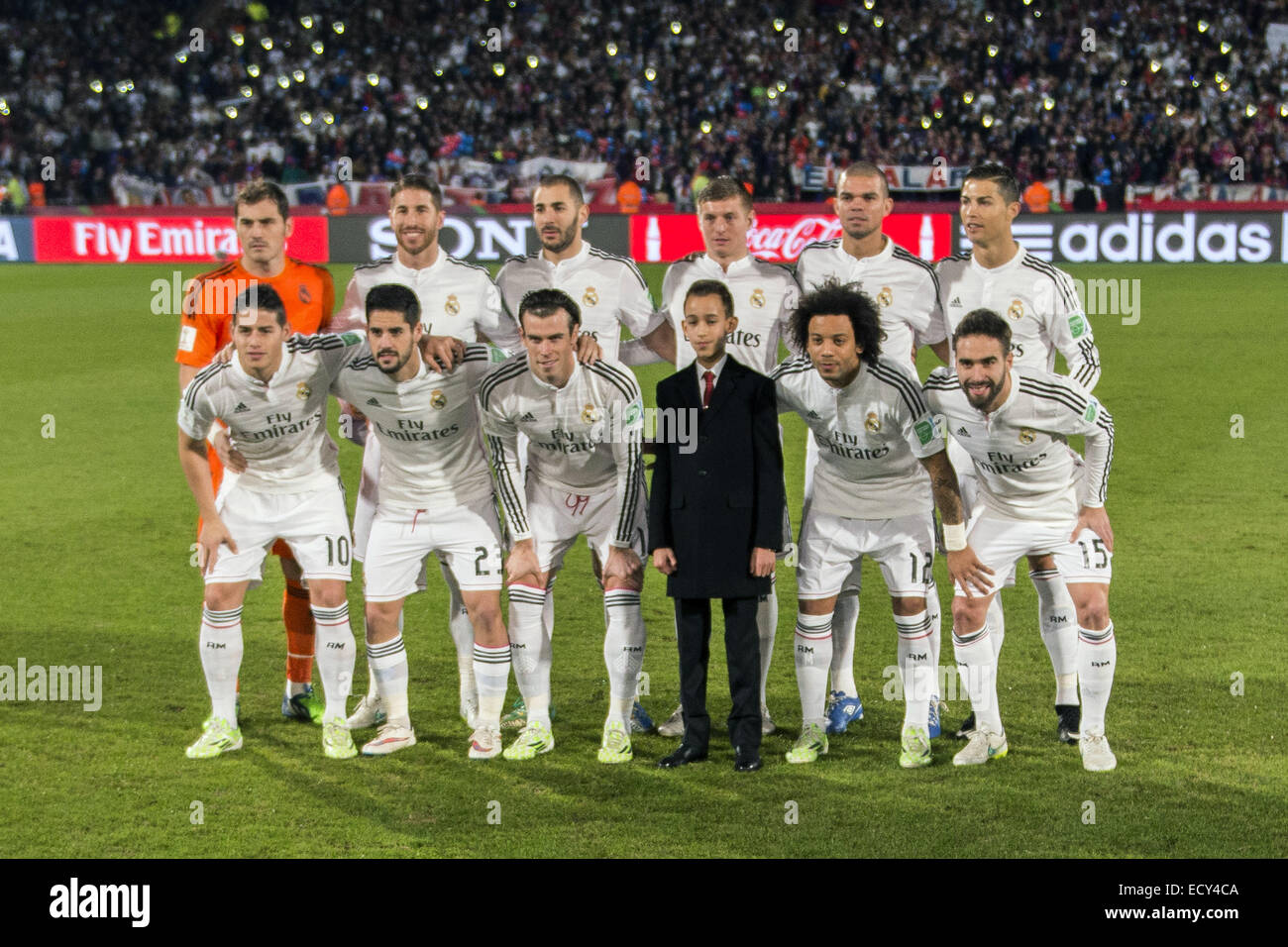 Real Madrid team group line-up, DECEMBER 20, 2014 - Football / Soccer : Real Madrid team group (L-R) Iker Casillas, Sergio Ramos, Karim Benzema, Toni Kroos, Pepe, Cristiano Ronaldo, front; James Rodriguez, Isco, Gareth Bale, Marcelo, Dani Carvajal poses with Moulay Hassan (front 3R), Crown Prince of Morocco before the FIFA Club World Cup Morocco 2014 Final match between Real Madrid 2-0 San Lorenzo at Stade de Marrakech in Marrakesh, Morocco. (Photo by Maurizio Borsari/AFLO) Stock Photo