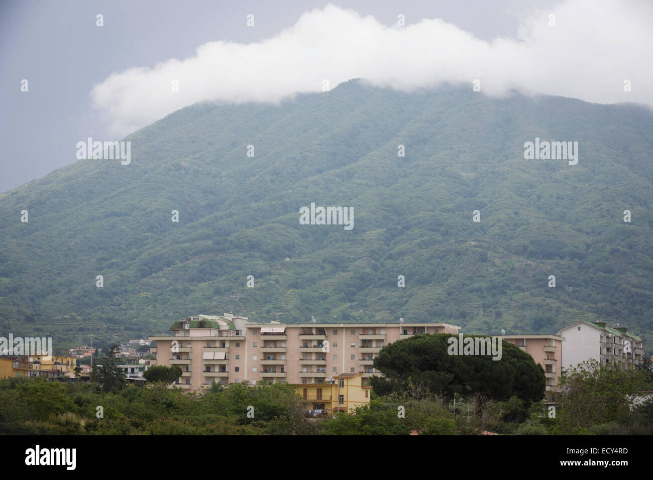 Local housing beneath the slopes of the Vesuvius Volcano which last erupted in 1944. Stock Photo