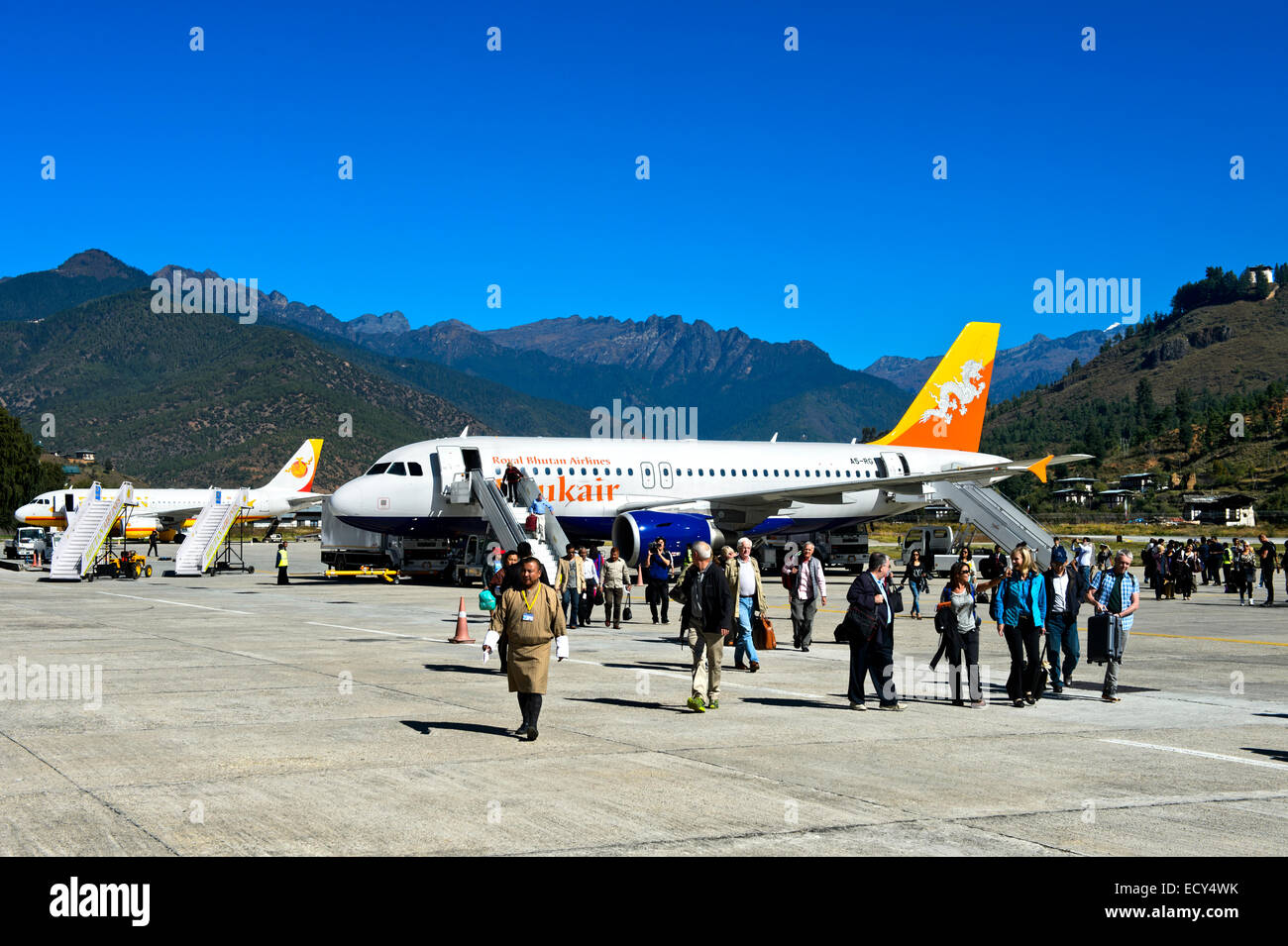 Airbus of the Drukair national airline, Royal Bhutan Airlines, at Paro International Airport
