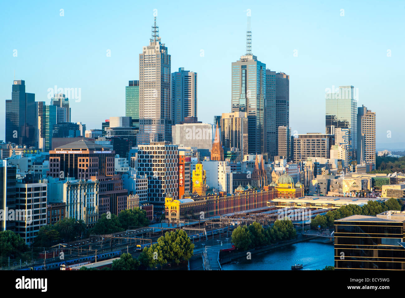 Melbourne, Australia - November 29 - Melbourne's famous skyline from Southbank towards Flnders St Station on November 29th 2014. Stock Photo