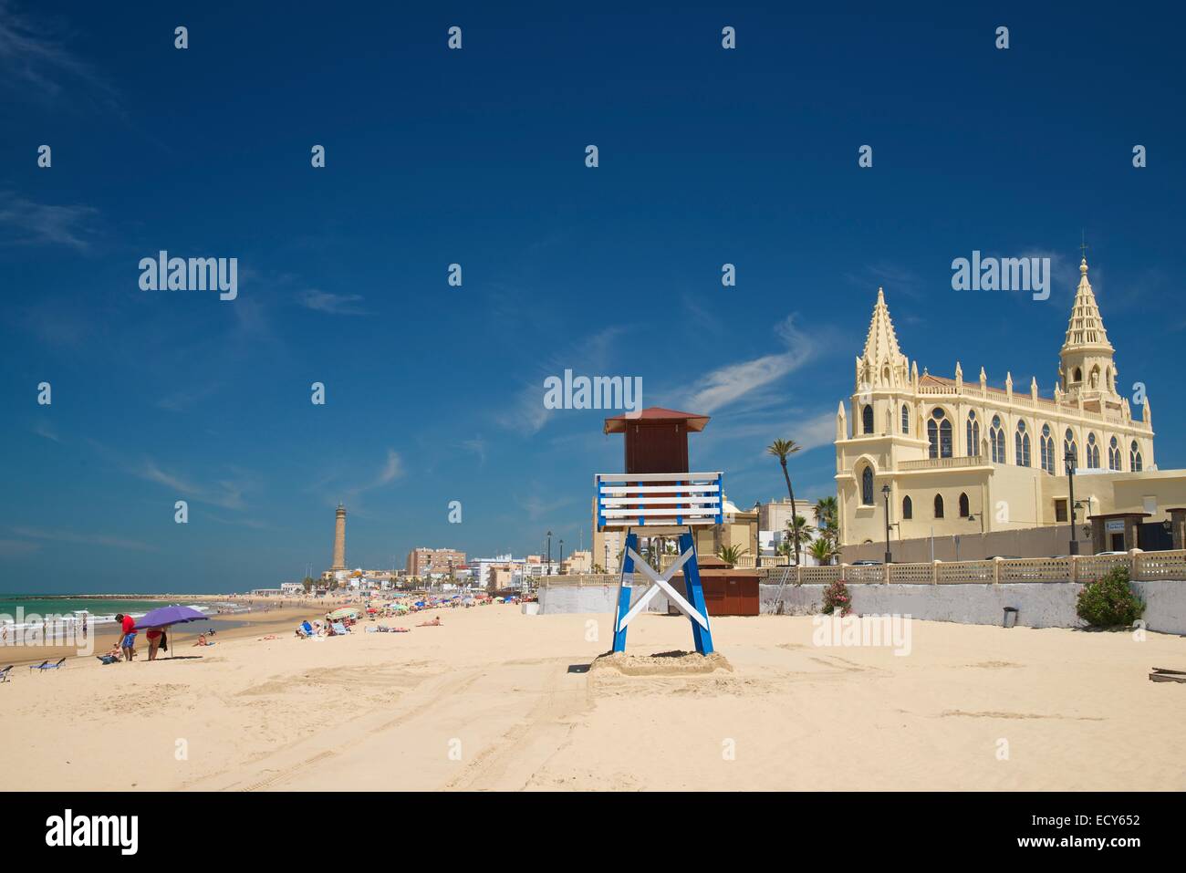 Beach and the Monastery of Nuestra Señora de Regla in Chipiona, Costa de la Luz, Andalusia, Spain Stock Photo