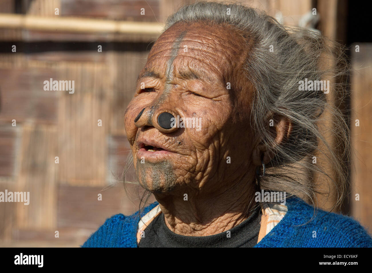 Woman of the Apatani people, with nose plugs, Hapoli, Arunachal Pradesh, India Stock Photo