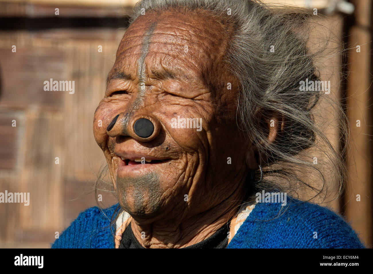 Woman of the Apatani people, with nose plugs, Hapoli, Arunachal Pradesh, India Stock Photo