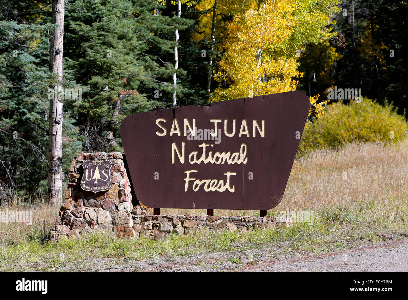 San Juan National Forest sign at Wolf Creek Pass, US 160 road, Colorado, United States Stock Photo