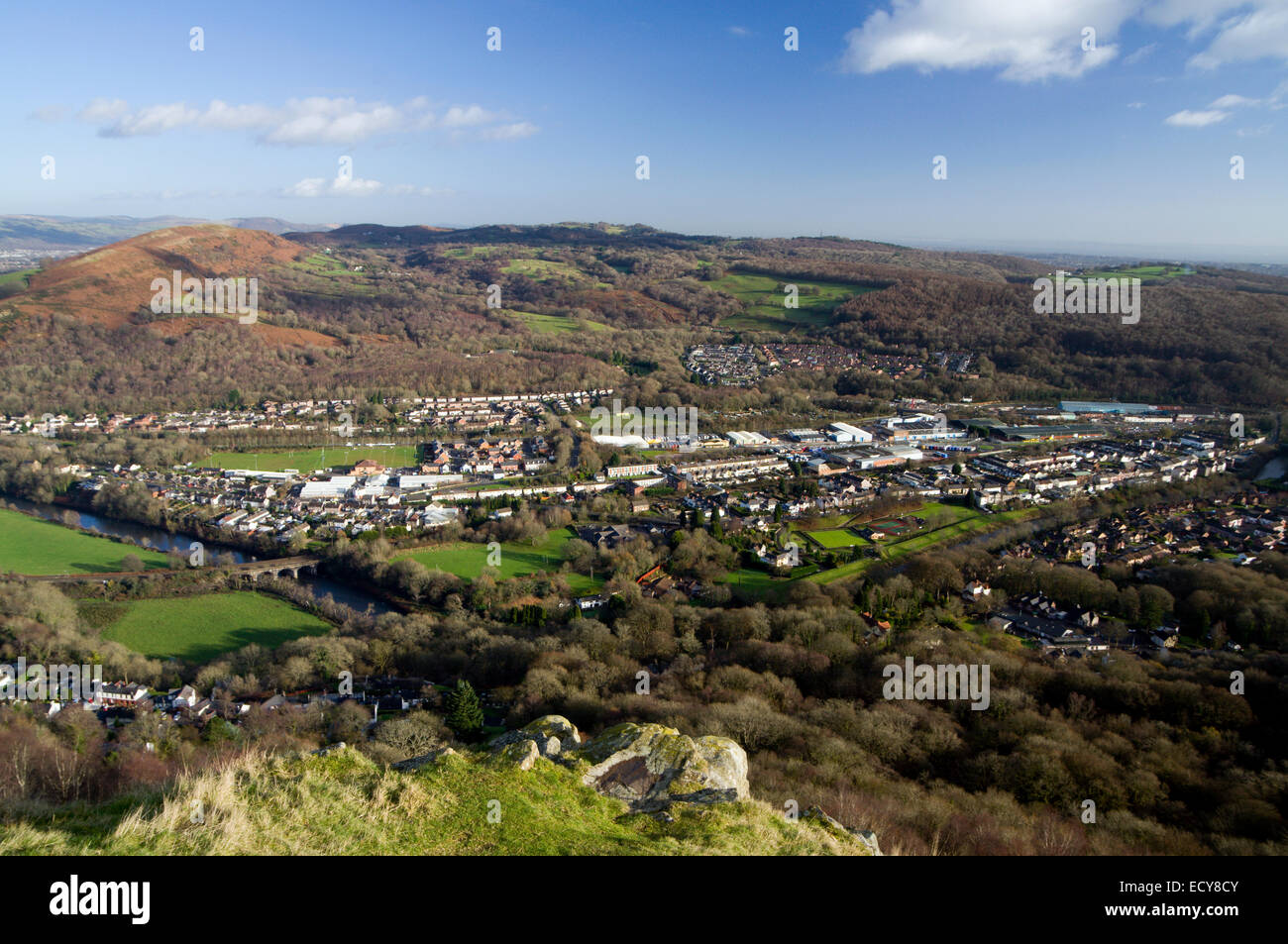 View across the Taff Vale from the Garth Mountain above Taffs Well, South Wales, Valleys, UK. Stock Photo