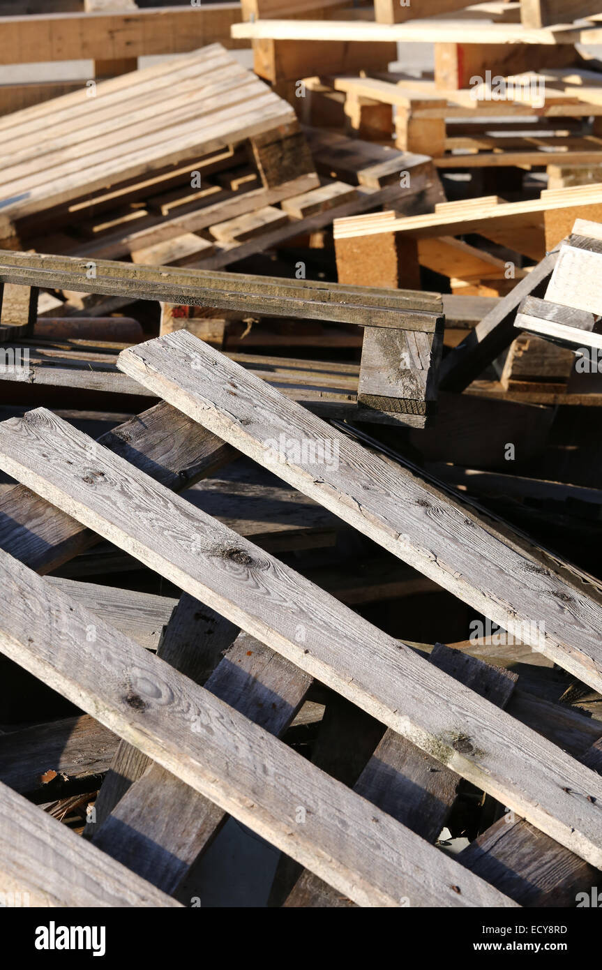 great pile of wooden pallets piled Stock Photo