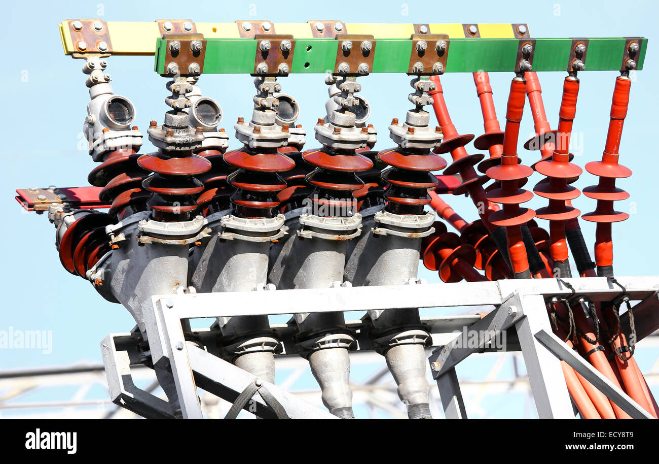 big electrical copper terminals of a power plant to produce electricity
