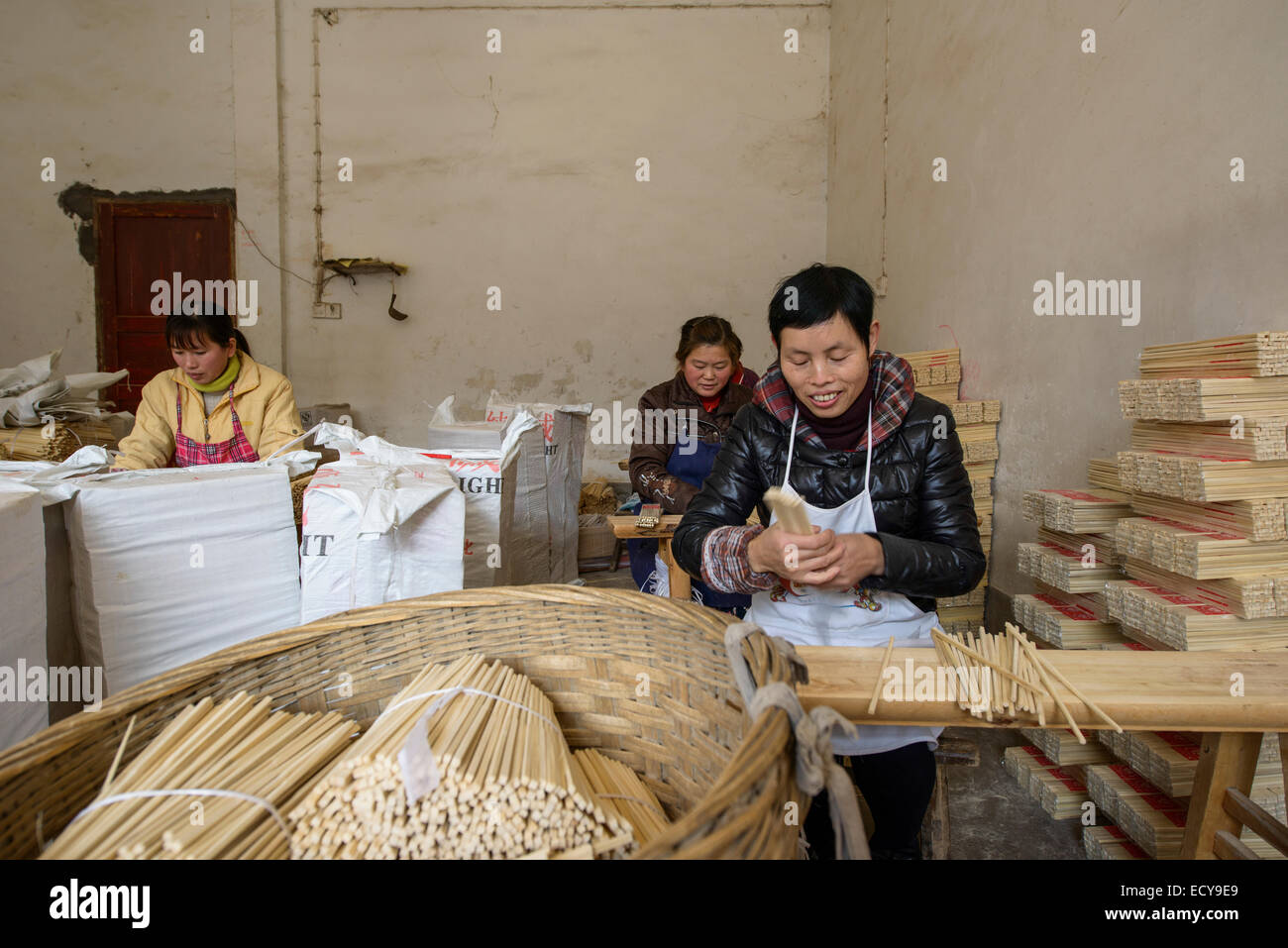 Chopsticks factory and workers in Sichuan province, China Stock Photo