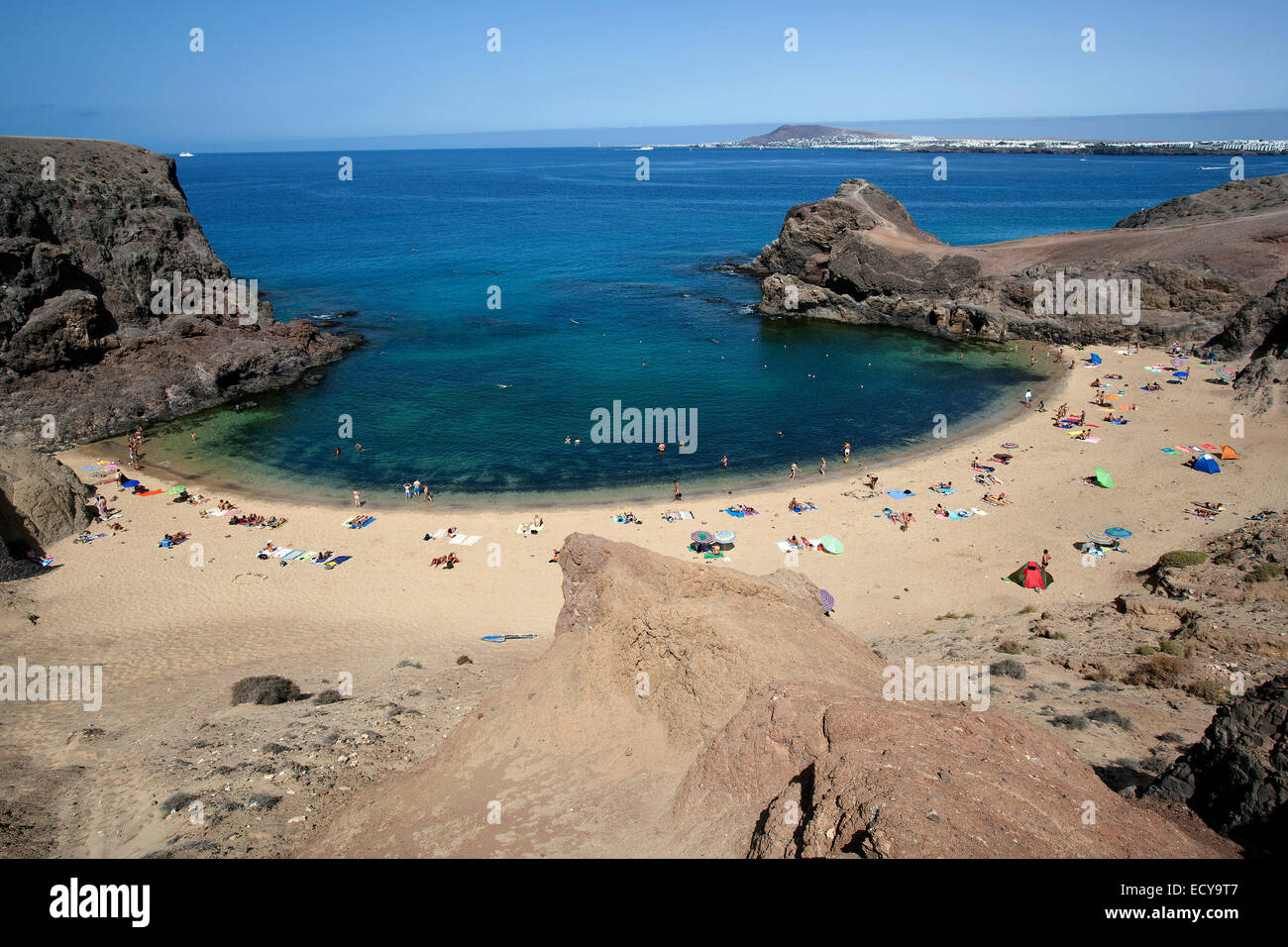Papagayo beaches or Playas de Papagayo, Playa Blanca in the back, Lanzarote, Canary Islands, Spain Stock Photo