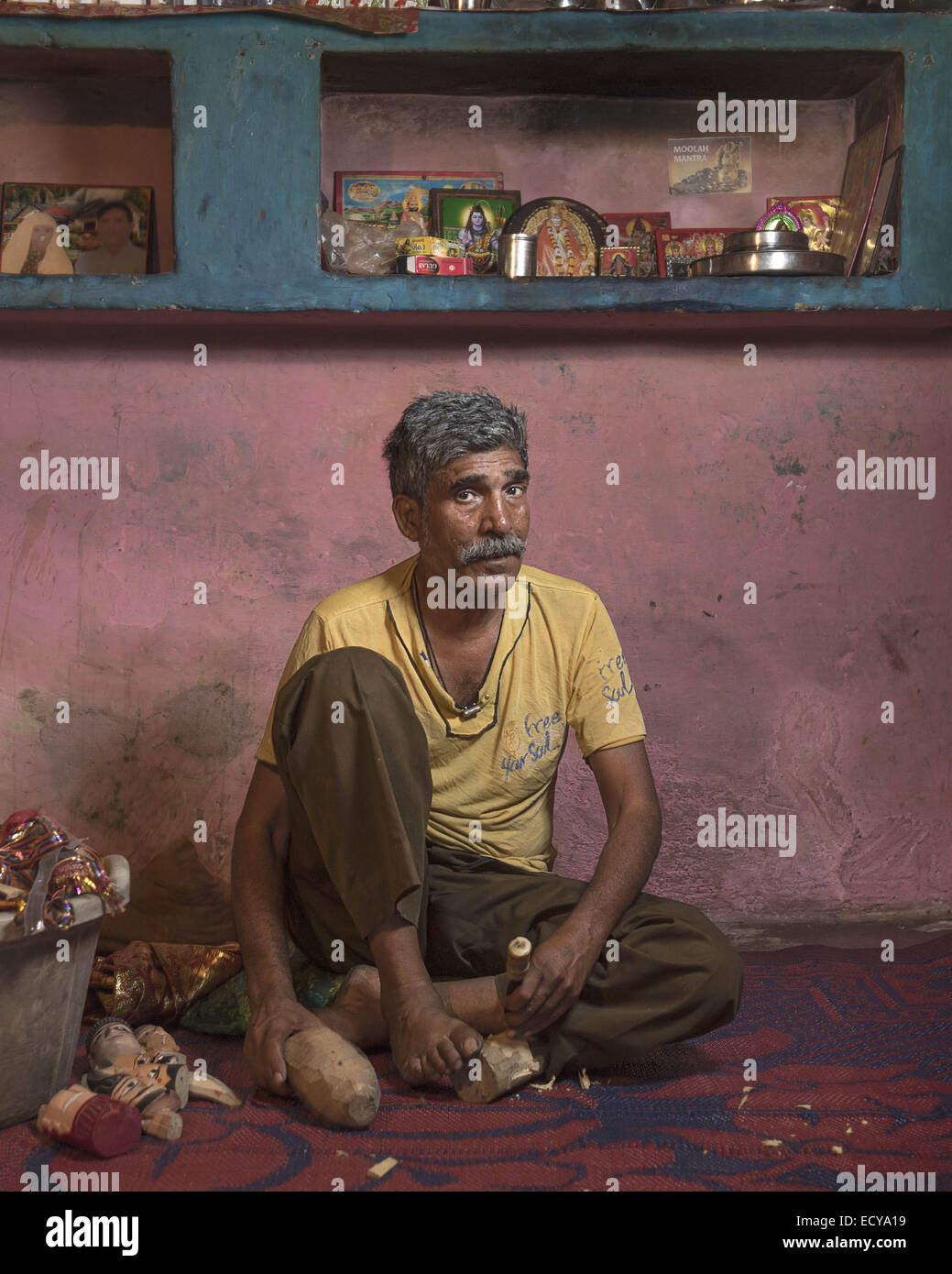 Portraits of Street Performers of The Kathputli Colony   Kathputli is unique as the largest community of street performers in the world. Although the colony, located in the Shadipur Depot area of Delhi, only covers 6.5 acres some 3000 Rajasthani families call it home. Magicians, snake charmers, acrobats, singers, dancers, actors, traditional healers musicians and the famous puppeteer performers which gave the area its name. The civic body who owns the land, the Delhi Development Authority (DDA), controversially announced their intention to demolish this special place in order to build luxury f Stock Photo