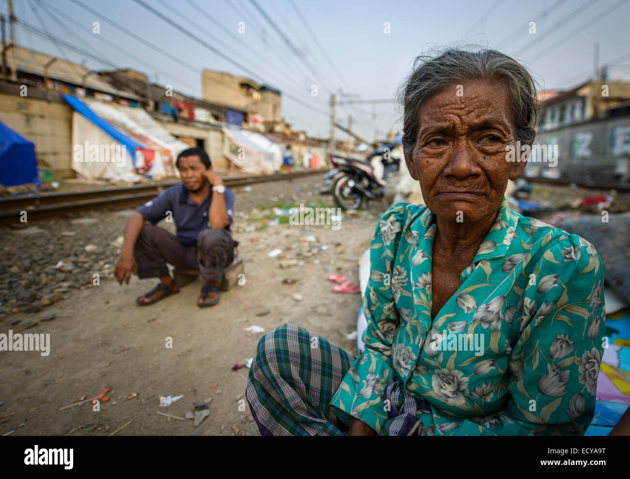 Slum next to the railway tracks, Jakarta, Indonesia Stock Photo