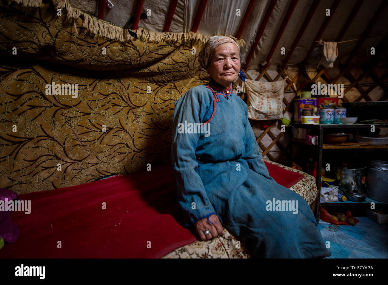 Mongolian nomads inside their gers, Mongolia Stock Photo