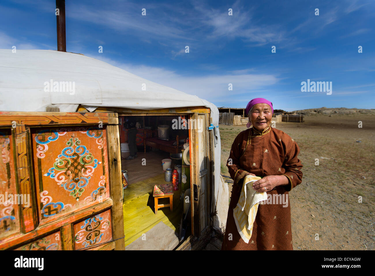 Mongolian nomad woman in front of her ger, Mongolia Stock Photo - Alamy