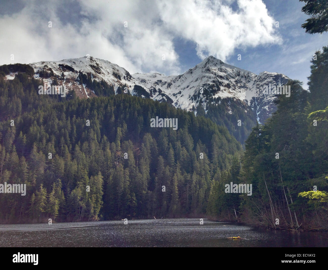Mountains and forest overlooking Beaver Lake, Sitka, Alaska, United States - Smartphone Captured Stock Image