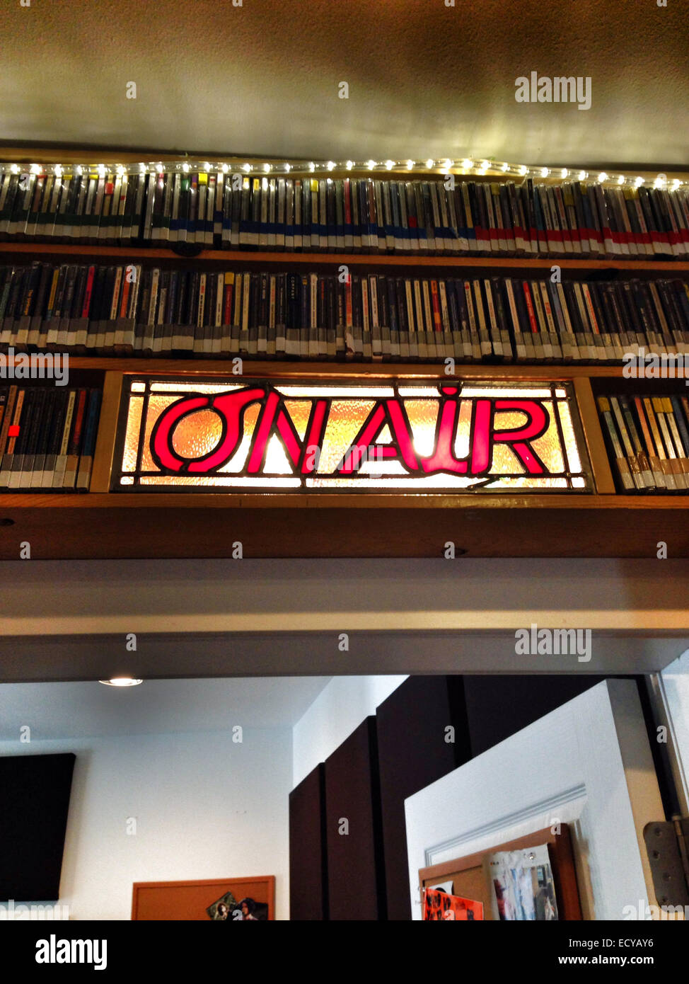 Illuminated on air sign over radio station room - Smartphone Captured Stock Image