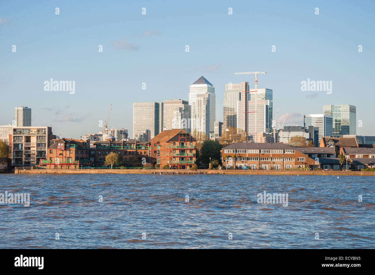 River Thames and Canary Wharf skyscrapers in eastern London, United Kingdom Stock Photo