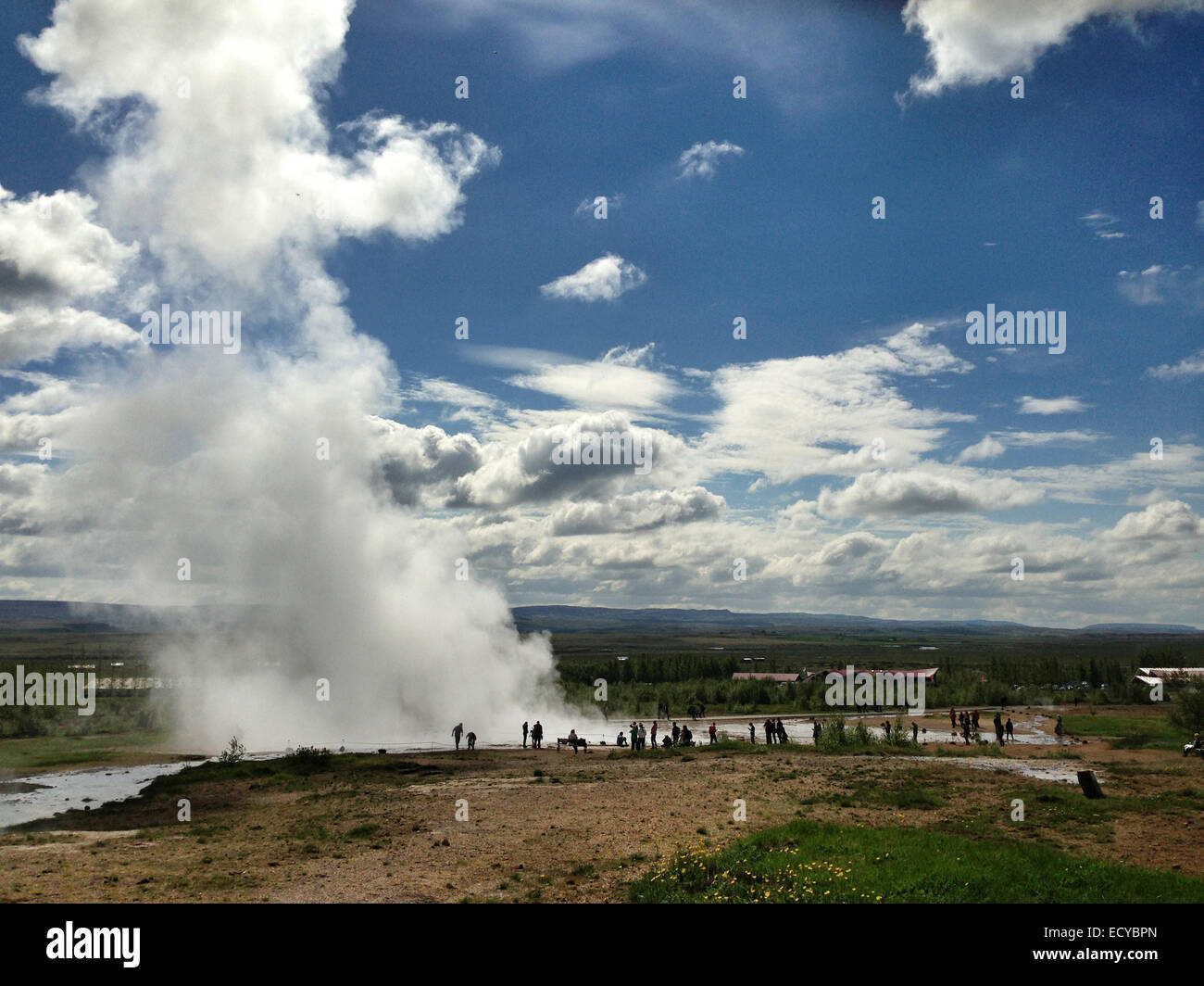 Steam rising from Great Geysir geothermal lake, Reykjavik, Hofuoborgarsvaeoi, Iceland - Smartphone Captured Stock Image