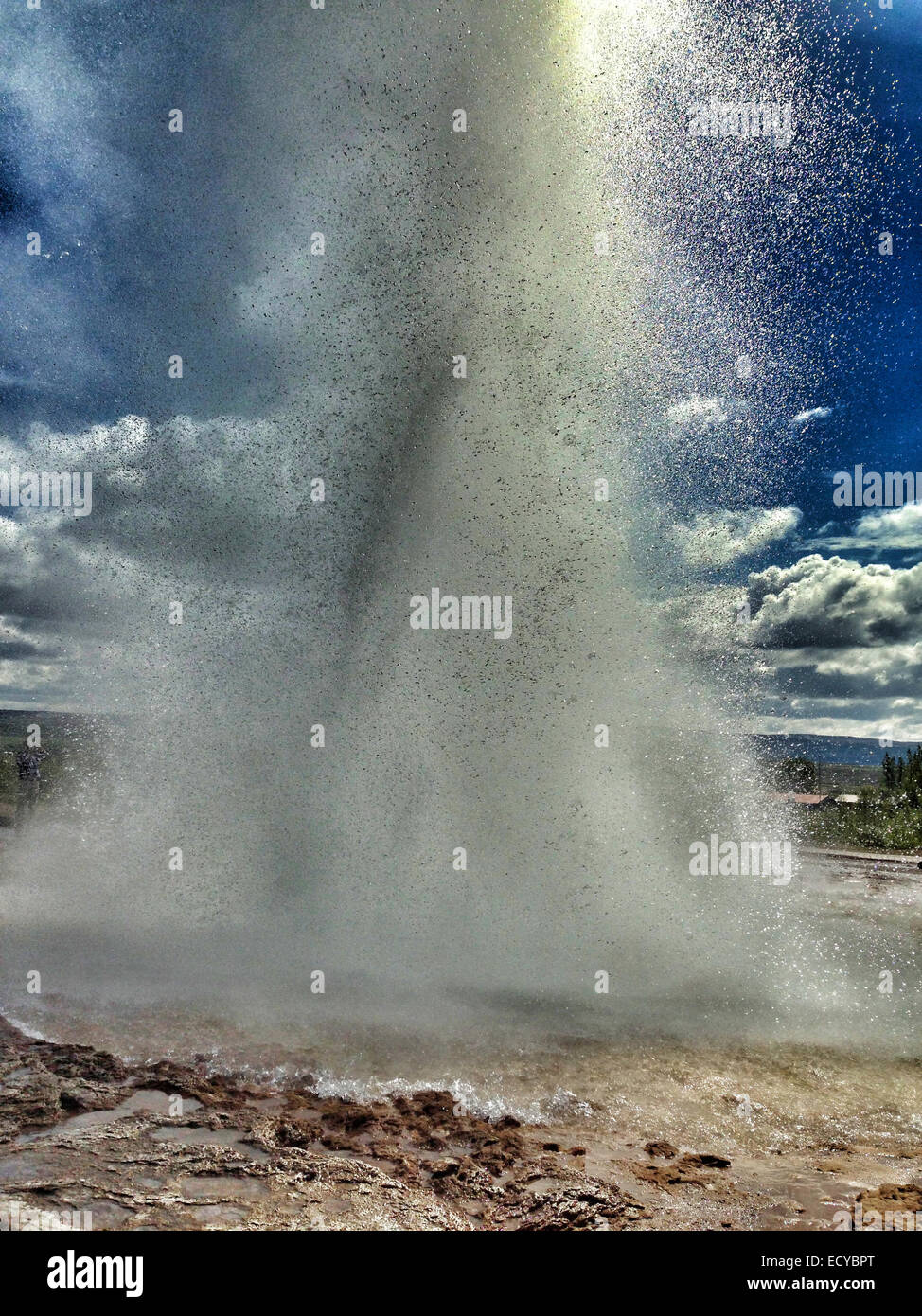 Water erupting from Great Geysir geothermal lake, Reykjavik, Hofuoborgarsvaeoi, Iceland - Smartphone Captured Stock Image